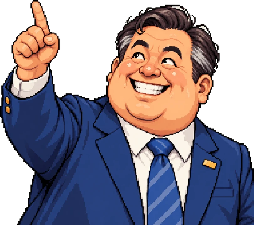 The Minister, grinning behind his desk.